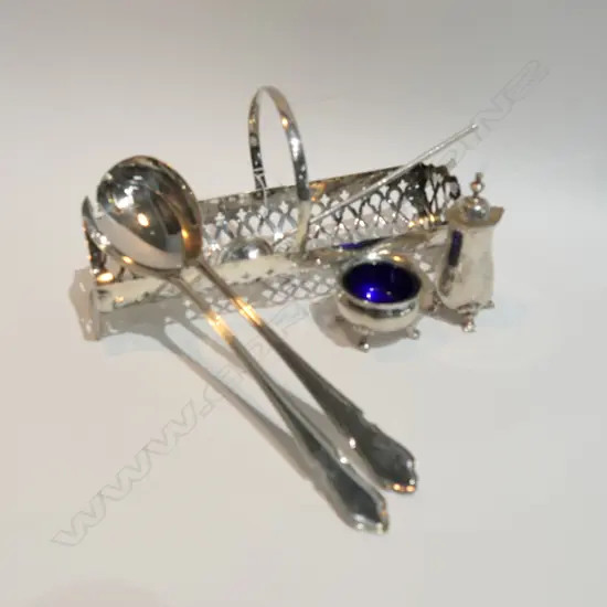 EPNS BISCUIT BASKET, SALT & PEPPER, BOXED SALAD SERVERS & MATE SPOON