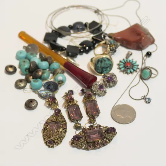 BOX JEWELLERY; 14CT GOLD PRINCESS RING  BEADS ETC