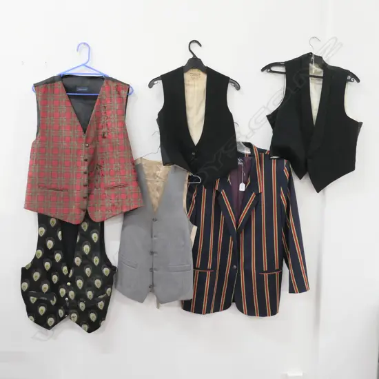 5 VINTAGE WAIST COATS & 1 NAVY STRIPED BOATING STYLE JACKET