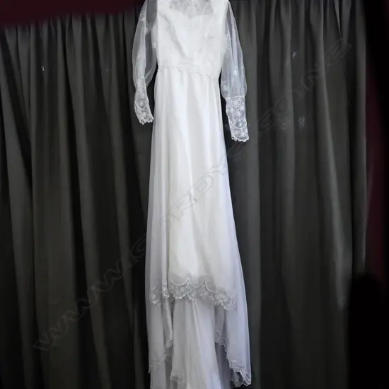 WEDDING DRESS, WHITE SATURN/ LACE BODICE/ LONG TRAIN. PEARL BUTTONS DOWN BACK