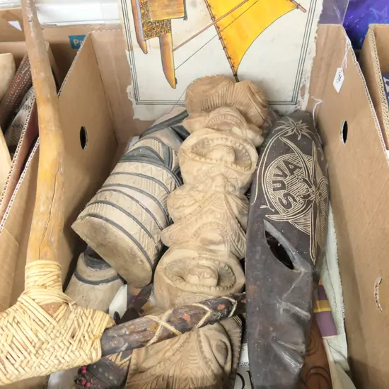 BOX OF PACIFICA CARVED FACES & TAPPER CLOTH FRAMED PICTURE