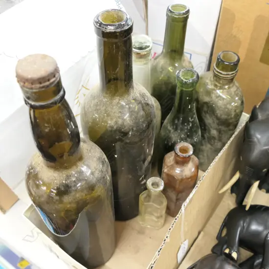 BOX ASST GLASS BOTTLES SOME ANTIQUE / HANDBLOWN ETC