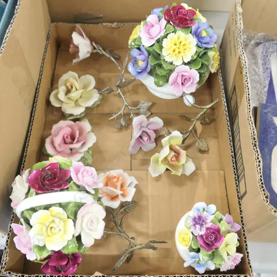 BOX ASST PORCELAIN FLOWERS - AYNSLEY / CAPIDIMONTE ETC