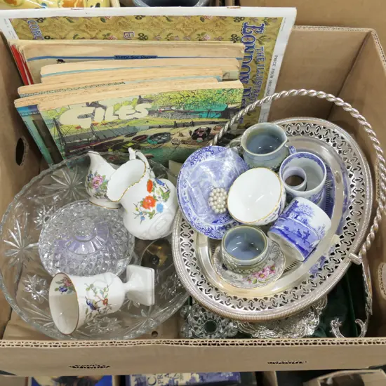 BOX LOT EPNS, CRYSTAL, CHINA (SPODE, AYNSLEY), GILES CARTOONS, WWII ERA TIME MAGAZINES