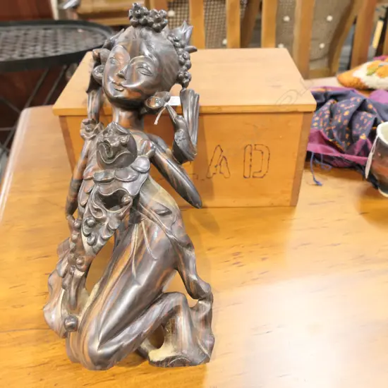 BREAD BOX AND ASIAN FIGURE.