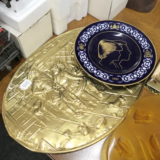 OLD BRASS WALL PLATE + ROYAL WEDDING MEMORABILIA PLATE