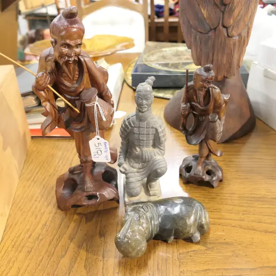 TWO ASIAN FISHERMEN FIGURINES, KNEELING WARRIOR, STONE HIPPO.