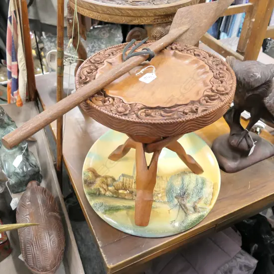 TEAK TRIPOD STOOL, WOODEN SPEAR AND WALL PLATE WITH CATHEDRAL