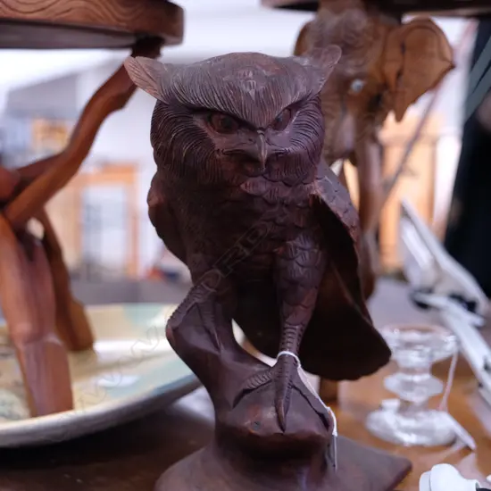 WELL CARVED WOODEN OWL, H. 310MM