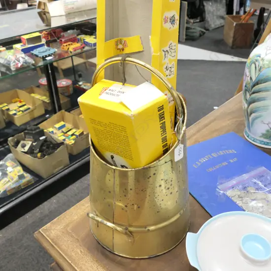 BRASS COAL BUCKET AND TWO STRING PUPPETS