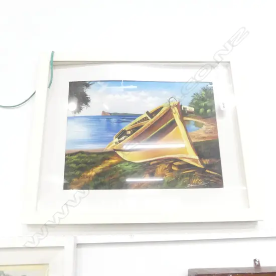 ORIGINAL PAINTING - COASTAL LANDSCAPE W/ BOAT 280MM X 390MM