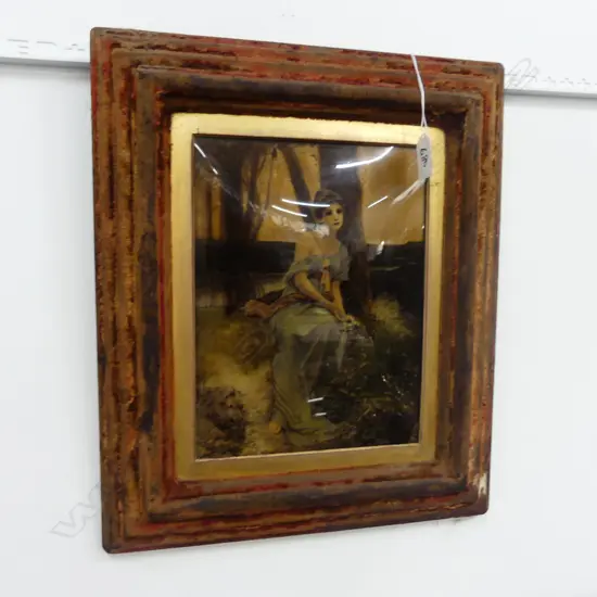 VICTORIAN CRYSTOLEUM VELVET FRAME PRE-RAPHAELITE GARDEN SCENE 340 X 400MM