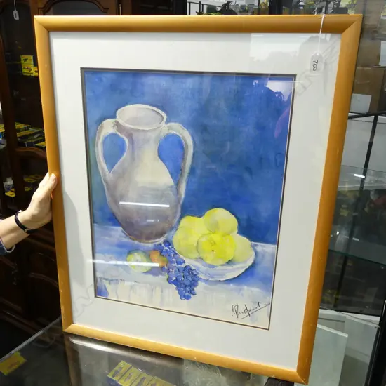 NZ ARTIST UNKNOWN 'GRECIAN POT WITH FRUIT' WATERCOLOUR SIGNED 540 X 420mm