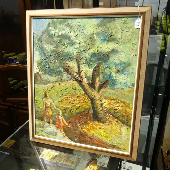 OLGA SPENCE, CHILDREN UNDERNEATH THE TREE OIL ON BOARD, SIGNED, 600 X 480mm