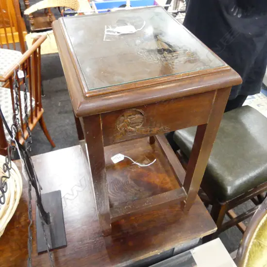 WOODEN CARVED ASIAN SMALL SIDE TABLE W. GLASS TOP.
