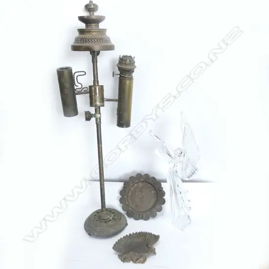 PART BRASS KERO LAMP + 2 DISHES AND PERSPEX ANGEL