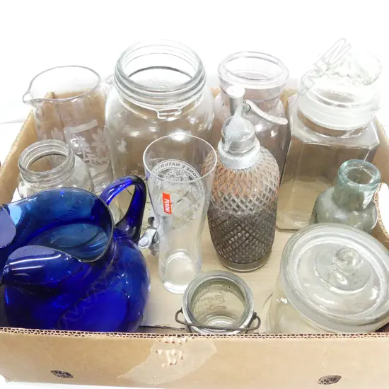 LOT ASST GLASS STORAGE JUGS ETC