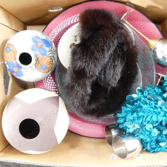 LOT ASST GLASSWARE / POTTERY / VINTAGE HATS ETC