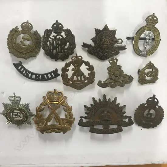 CAP/COLLAR BADGES & SHOULDER TITLE: VARIOUS AUSTRALIAN & NZ. (12)