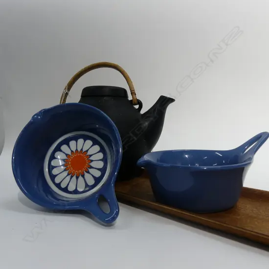 SWEDISH WOODEN TRAY, NORWAY RAMEKINS & ARABIA TEAPOT (A/F)