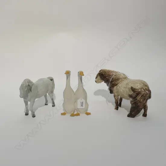 3 SHEBEG ISLE OF MAN POTTERY FIGURES: 2 HORSES & PR GEESE