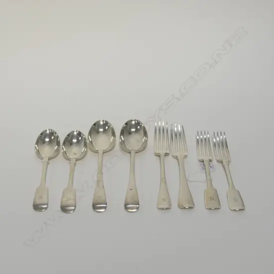 4 SILVER SPOONS & 4 SILVER FORKS, LONDON 1905. 517gm