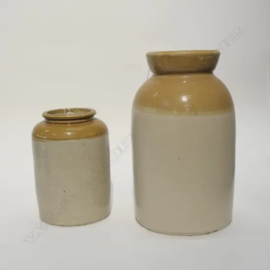 2 C1900 STONEWARE CROCKS BROWN GLAZE TOPS