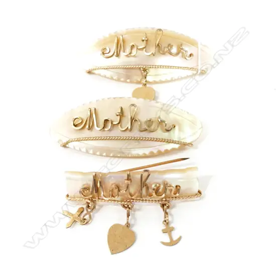 3 VINTAGE MOTHER OF PEARL 'MOTHER' BROOCHES