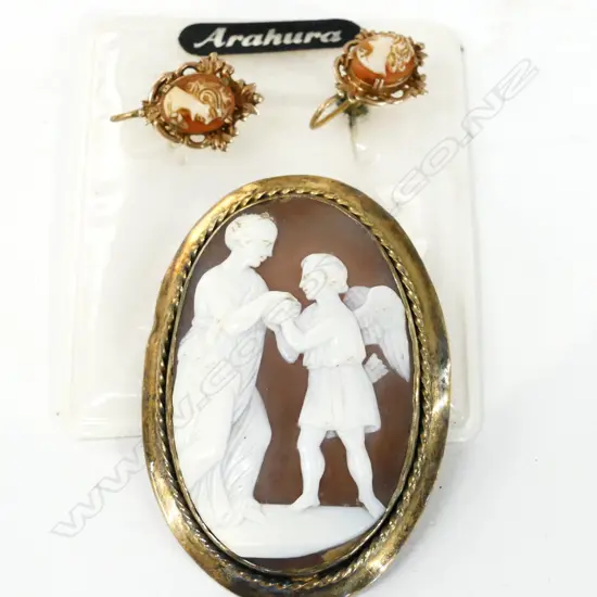 OLD GOLD CAMEO BROOCH, & CAMEO EARRINGS
