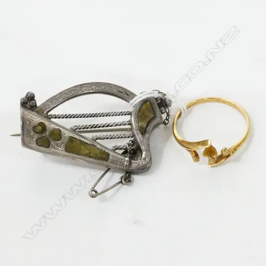 14K RING 1.55GMS A.F + SILVER IRISH HARP BROOCH
