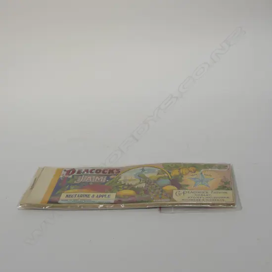 APPROX 40 PEACOCK'S JAM CAN LABELS 'NECTARINE & APPLE' APPROX 100 PEACOCK'S JAM CAN LABELS 'RASPBERRY & APPLE' 315 x105m