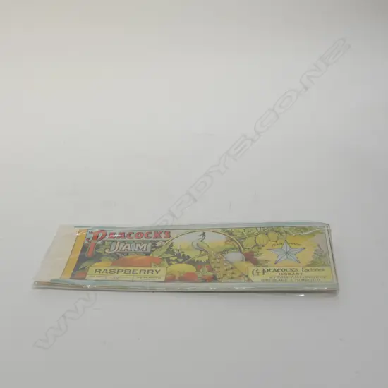 APPROX 40 PEACOCK'S JAM CAN LABELS 'RASPBERRY'APPROX 100 PEACOCK'S JAM CAN LABELS 'RASPBERRY & APPLE' 315 x105mm