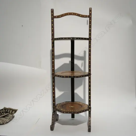 THREE TIERED INLAID WOODEN CAKE STAND