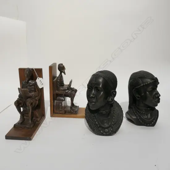 2 PAIRS OF BOOKENDS WOODEN AND PLASTER