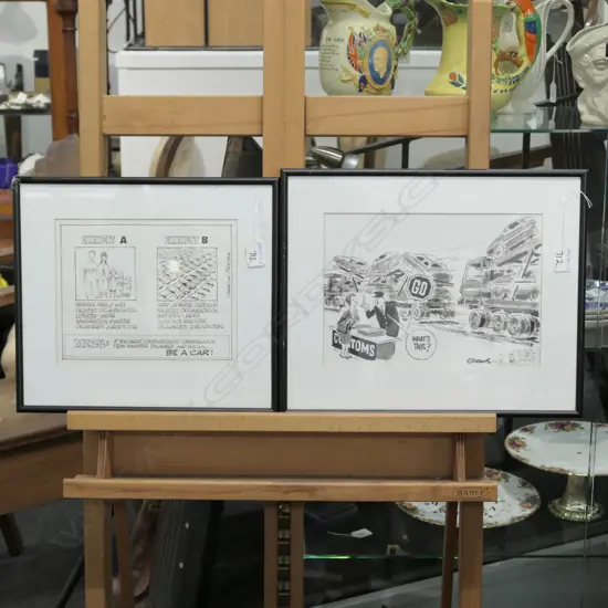 TWO ORIGINAL INK CARTOONS 'GO' & EXHIBIT A & B