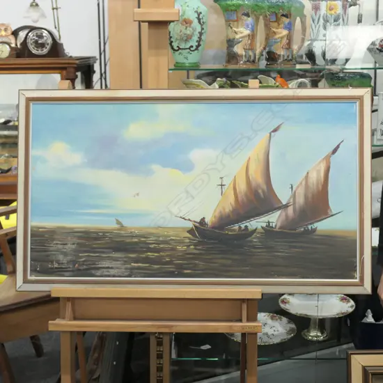 OIL PAINTING ' EASTERN FISHING BOATS C.1960 