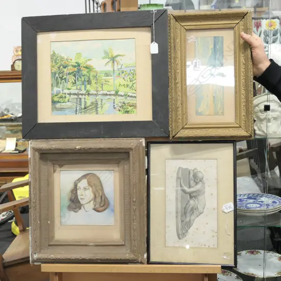 3 WATERCOLOURS INCL. PORTRAIT / ANTIQUE COASTAL LANDSCAPE + ENGRAVING