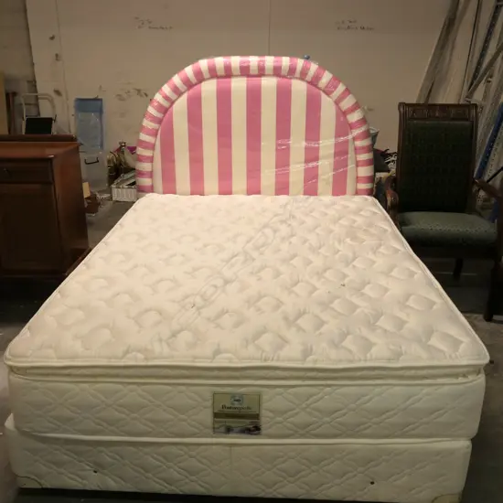 QUEEN MATTRESS AND BED BASE W/ PINK STRIPED HEADBOARD