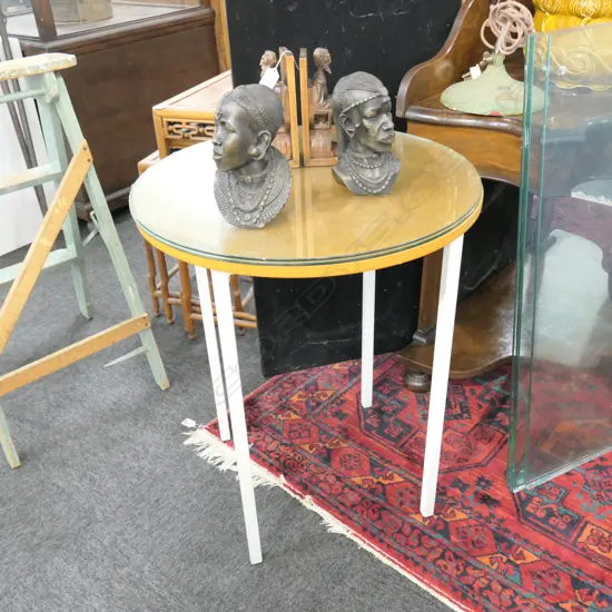 TWO CIRCULAR METAL FRAMED SIDE TABLES H. 715MM