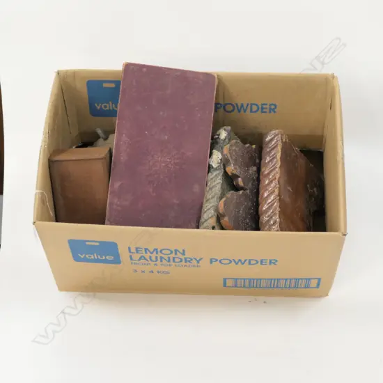 BOX OF OLD EDGING TILES & MISC, INCL DRAUGHTS SET (EX THE NGAIRE HART ESTATE COLLECTION)