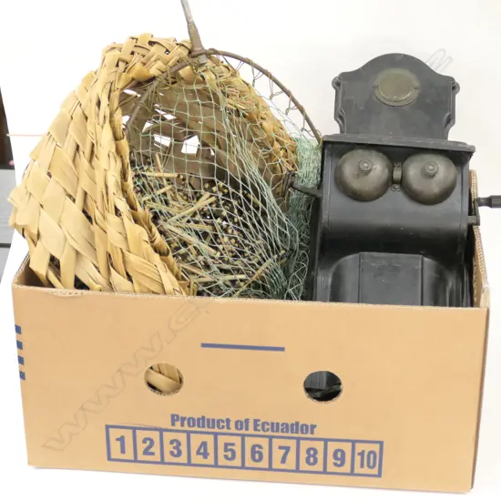 LOT ASST INCL. KITE / FISHING NET + ANTIQUE TIN TELEPHONE MOUNT ETC