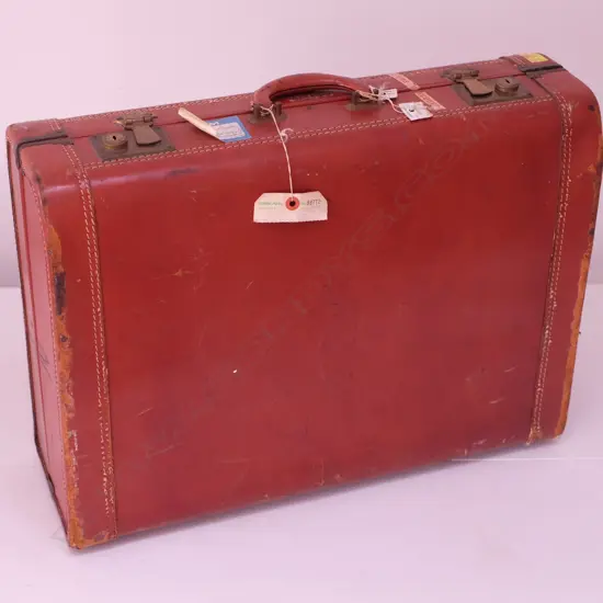 RETRO 1950'S RED LEATHER 'SUPERFORTRESS' SUITCASE W/ KEYS W. 615