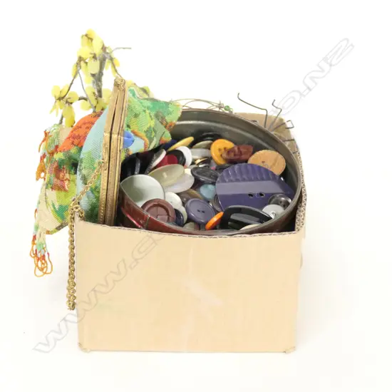 LOT ASST INCL. TIN OF BUTTONS / BEADED PURSE ETC