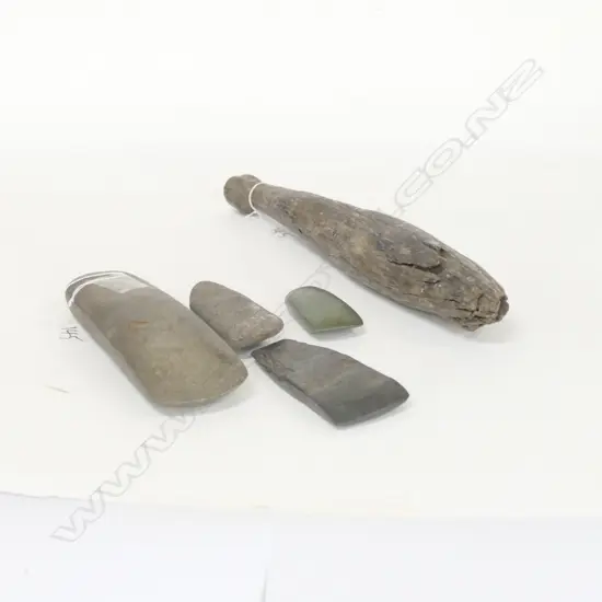 3 PACIFIC ADZE BLADES, ADZE SHAPED STONE & WOODEN POUNDER