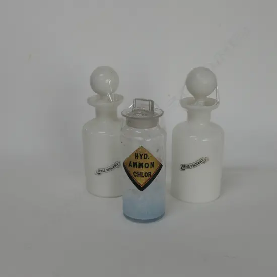 3 GLASS CHEMISTS BOTTLES: PR MILK GLASS + 1