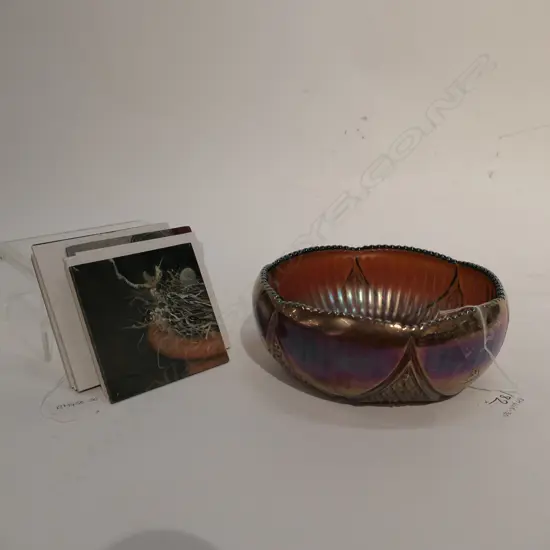 CARNIVAL GLASS BOWL AND 12 SMALL PAINTINGS