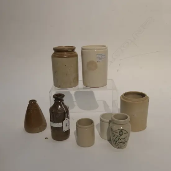 8 COLONIAL STONEWARE BOTTLES JARS INKS ETC