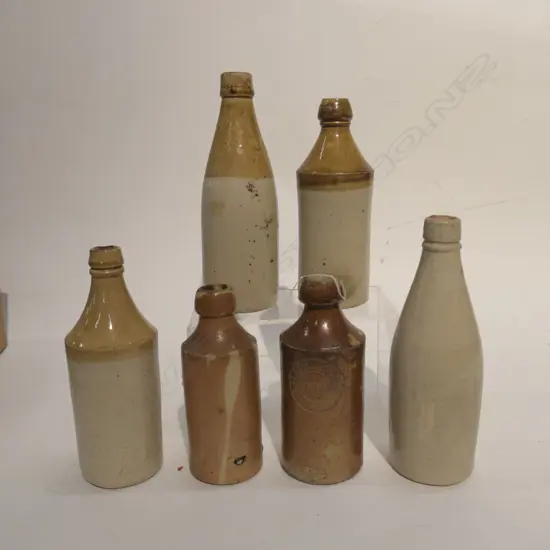 6 COLONIAL STONEWARE BOTTLES GINGER BEERS ETC