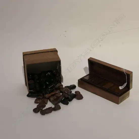 CARVED AFRICAN CHESS PIECES & CASED SET OF TEAK DOMINOES