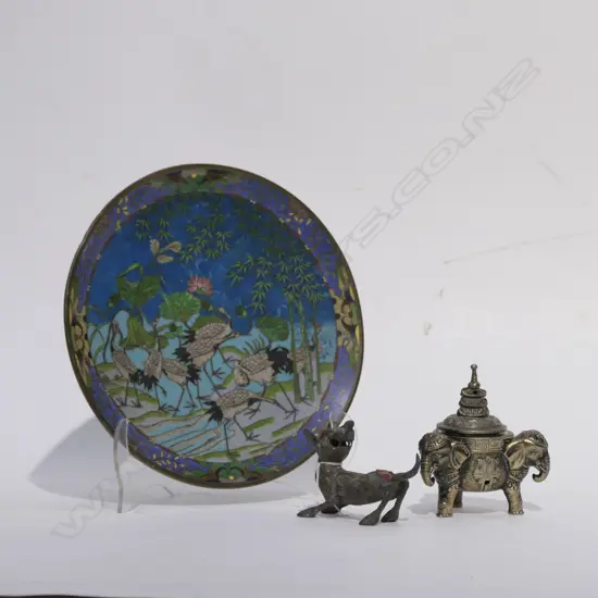 3 ORIENTAL ITEMS; BRONZE CENSOR + ANIMAL + CLOISONNE PLATE A.F